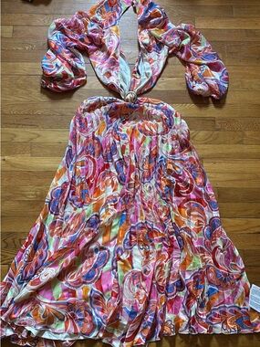 NWT ASOS Multicolor Halter Backless Midi Dress in Pink, Orange, Blue & White